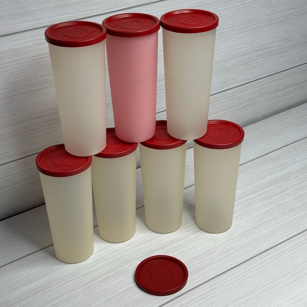 Vintage Tupperware Tumblers 16oz Set of 7 Frosted Sheer & Pink with Red Lids USA